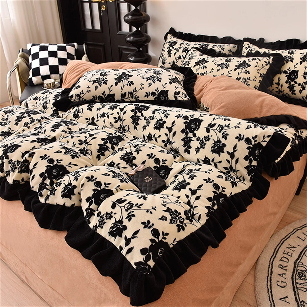 Obbty Luxury Winter Warm Milk Velvet Bedding Set Thickened French Retro Princess Double-Sided Coral Velvet Four Piece Sets Black Lace