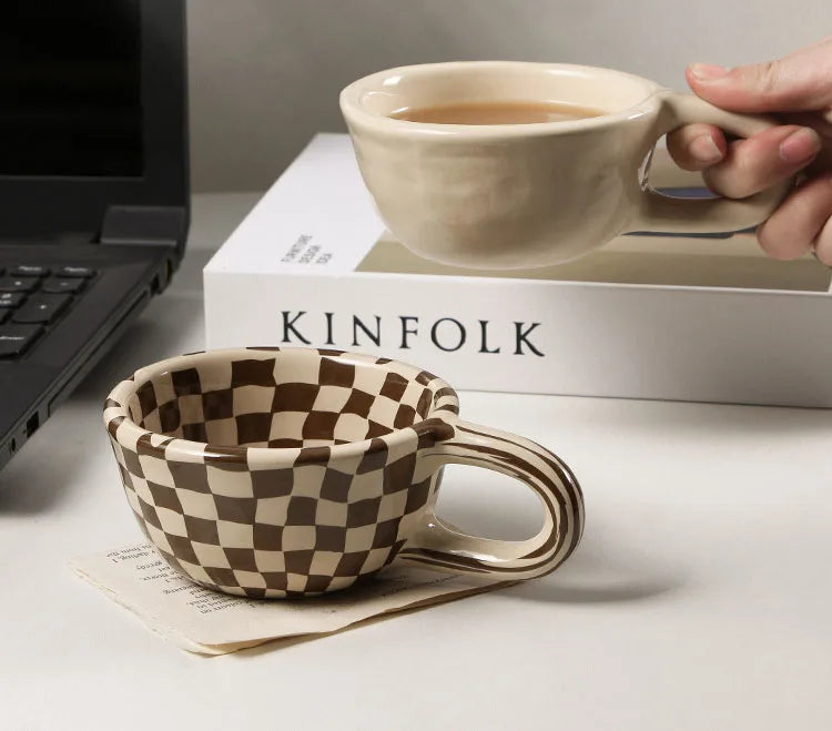 Obbty Ceramic Mug Irregular Chessboard Checkered Coffee Mug Milk Mugs Water Cup Drink Cup Juice Cups Household Tea Set Housewear