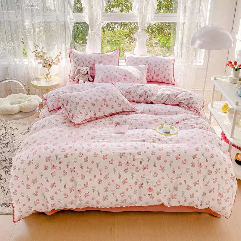 Obbty Pastoral Girls Flower Bedding Sets, Washed Cotton Bed Linens, Soft Quilt Cover Sheet Set, Simple Bedspread, Home Textiles