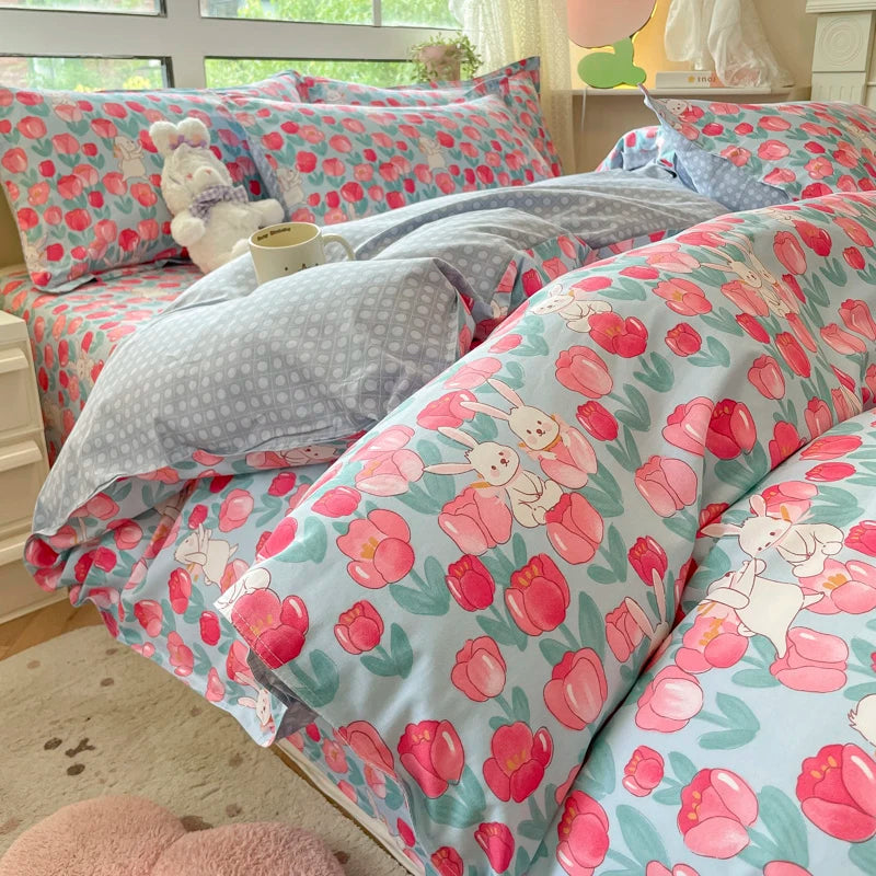 Obbty Garden Floral Cotton Comforter Covers Red White Floral Duvet Covers Set Botanical Cute Bear Print Bedding for Kids Teens Adults