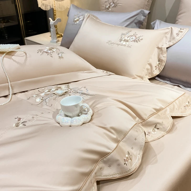 Obbty Egyptian Cotton Bedding Set Flowers Embroidery, Duvet Cover Set, Bed Sheet, Pillowcases, Luxury, Champagne Grey, Luxury, 1000TC