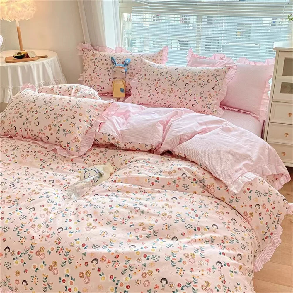 Obbty Bed Sheet Set Quilt Cover Pillowcase Pastoral Style Small Floral Printing and Dyeing Cotton with Lace Four-piece Bedding Set