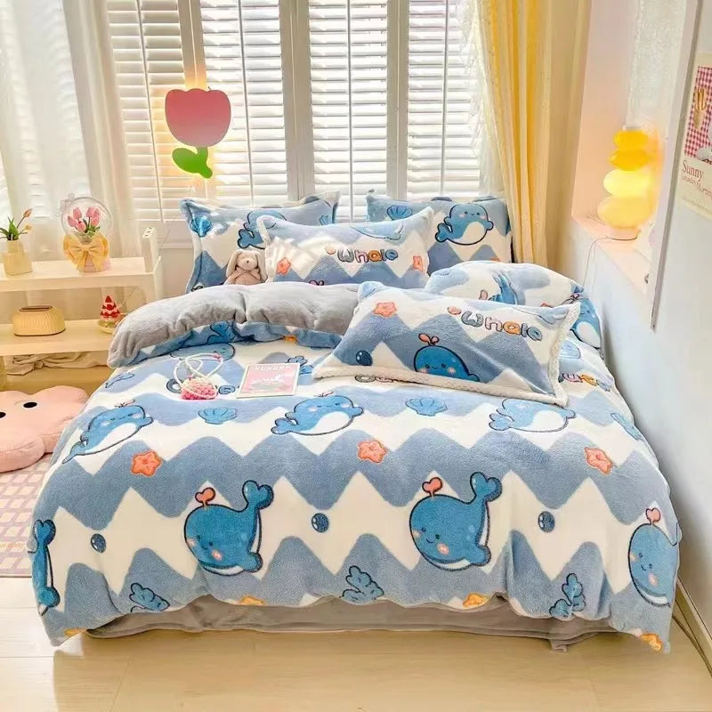 Obbty Winter Thick Warm Plush Comforter Cover Queen Bedding Sets Cartoon Quilt Cover Bed Sheet Pillowcase 4pcs Luxury Bed Linens