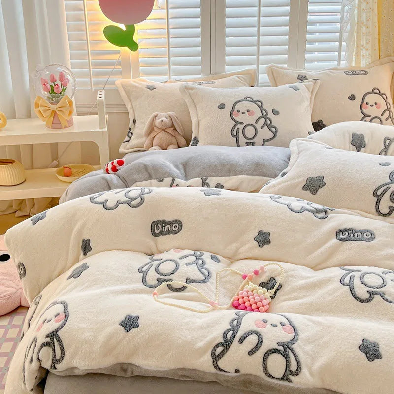 Obbty Winter Thick Warm Plush Comforter Cover Queen Bedding Sets Cartoon Quilt Cover Bed Sheet Pillowcase 4pcs Luxury Bed Linens