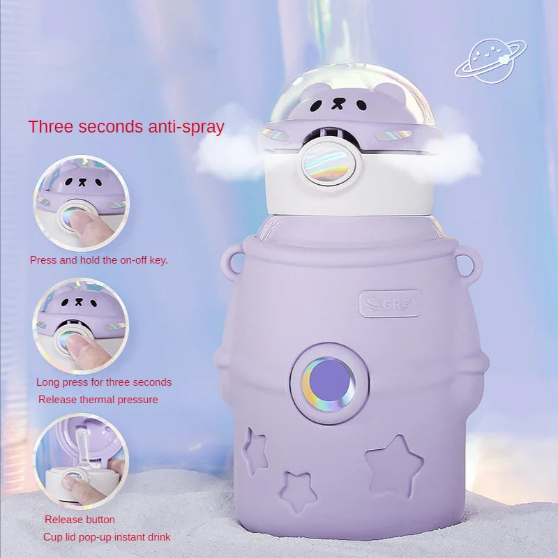 Obbty 500ml Cute Thermal Water Bottle for Children Thermos Mug with Straw and Bottle Cover Stainless Steel Insulated Cup Drinkware