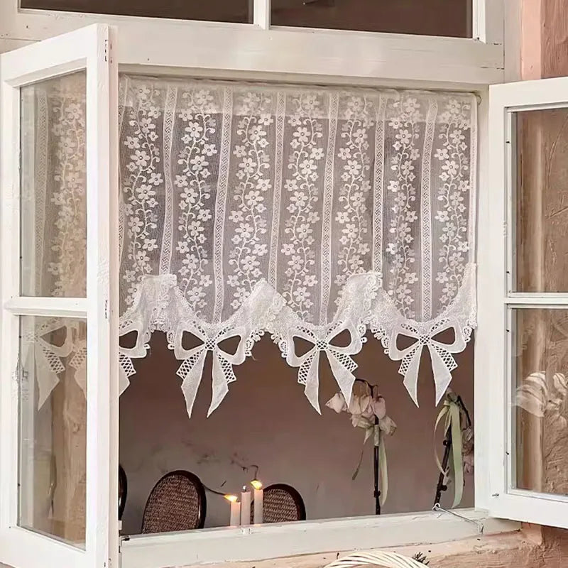 Obbty French Aesthetic Retro Bows Lace Short Tulle Curtains White Fine Woven Flower Jacquard Sheer Half Coffee Curtain Door Drapes