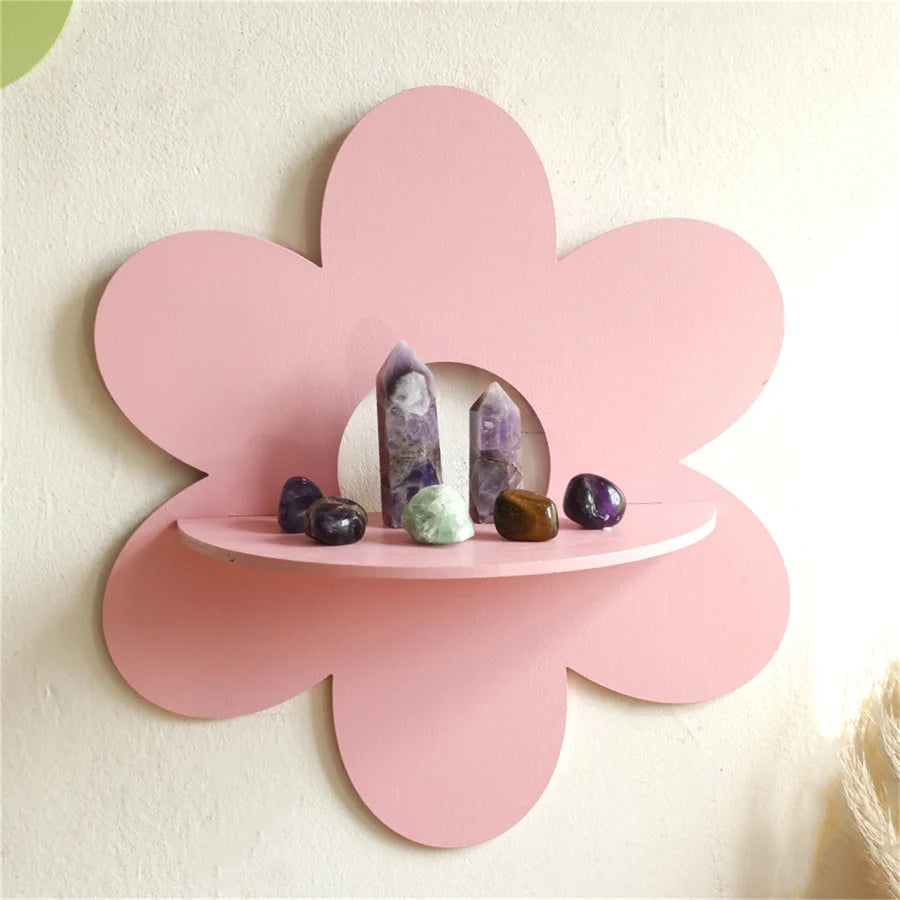 Obbty Flower Shape Wall Storage Holder Wooden Wall Art Wall Decoration Floating Plant Shelf For Bathroom Home Room Decor Gift Bedroom