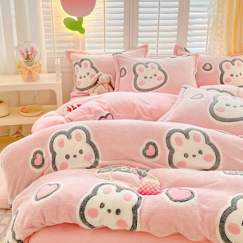 Obbty Winter Thick Warm Plush Comforter Cover Queen Bedding Sets Cartoon Quilt Cover Bed Sheet Pillowcase 4pcs Luxury Bed Linens