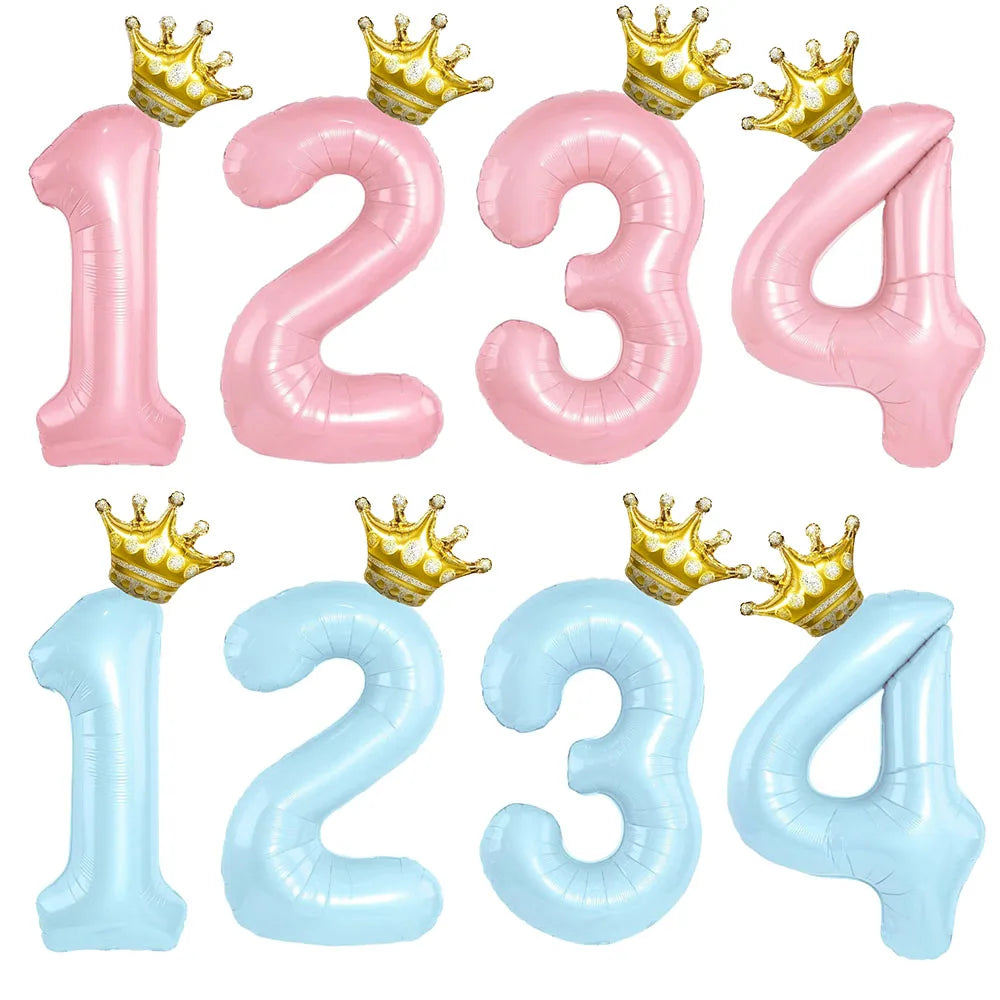 Obbty 40inch Pastel Light Blue Pink Foil Number Balloon With Crown 1 2 3 4 5 6 Boy Girl Birthday Party Baby Shower Wedding Decoration