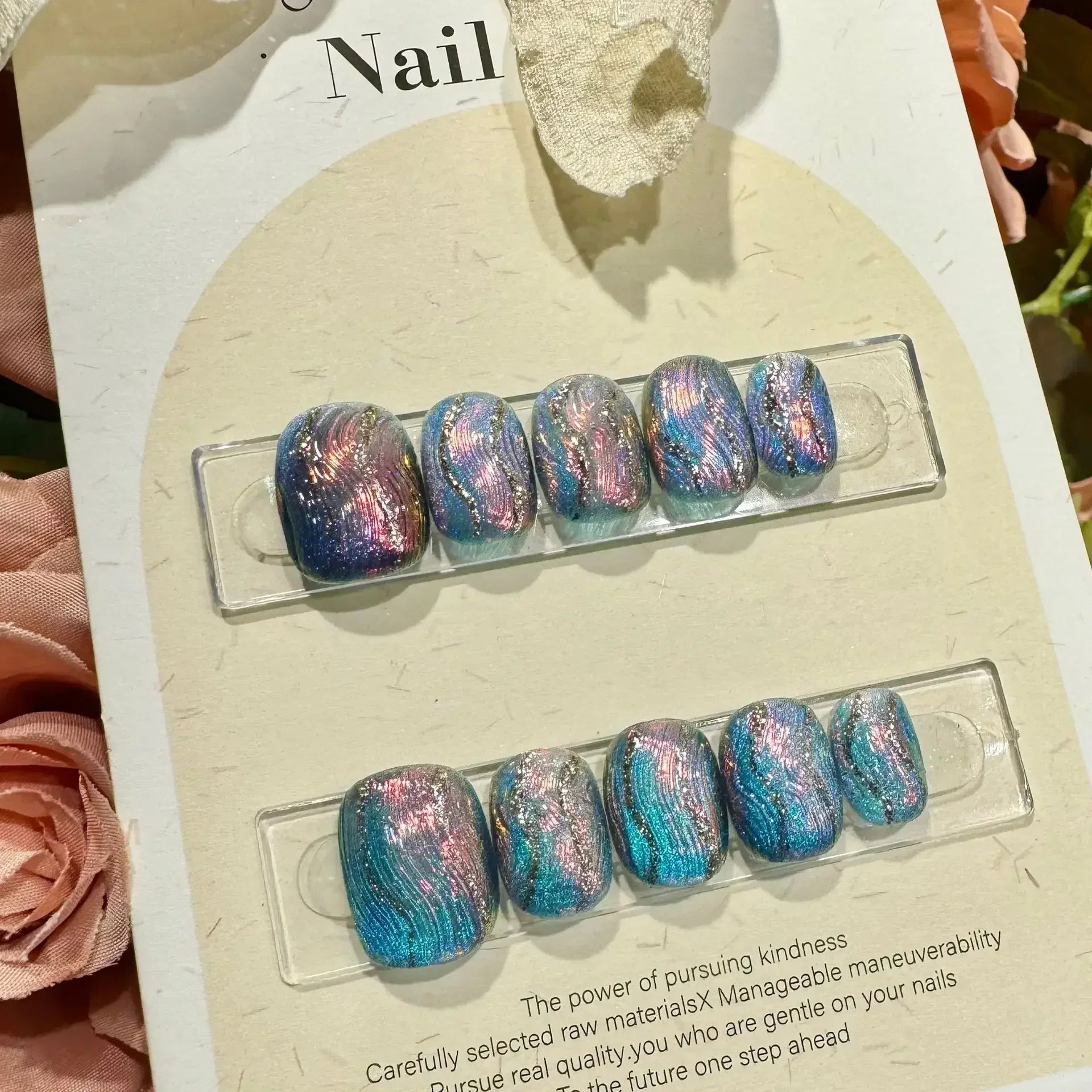 Obbty 10Pcs Short Handmade Press on Nails Aurora Borealis Colours Ballet Wearable False Nails Decoration Full Cover Nail Tips Art