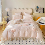 Obbty Pink Princess Bedding Set Handmade Flowers Embroidery Lace Ruffle Eucalyptus Lyocell Soft Silky Duvet Cover Bed Sheet Pillowcase