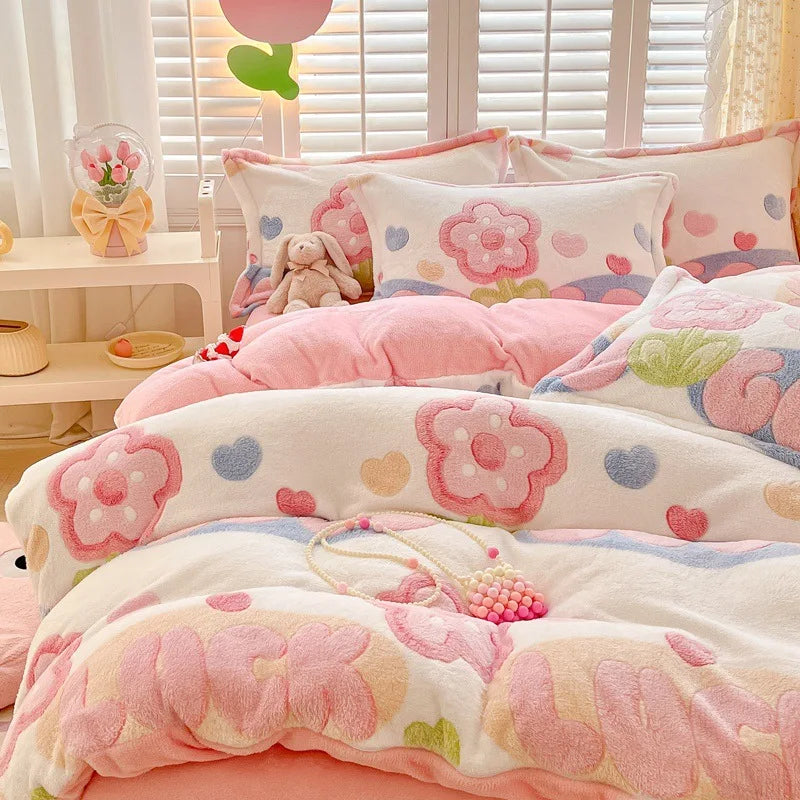 Obbty Winter Thick Warm Plush Comforter Cover Queen Bedding Sets Cartoon Quilt Cover Bed Sheet Pillowcase 4pcs Luxury Bed Linens