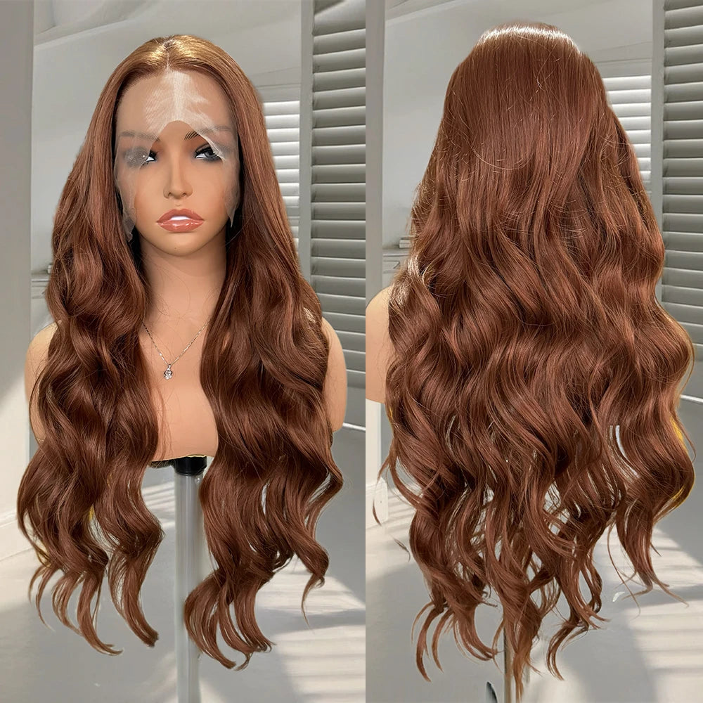 Obbty Brown Wig Body Wave Synthetic Lace Front Wigs For Women Synthetic Hair Natural Hairline Deep Wave Lace Wig Cosplay Ready to Wear