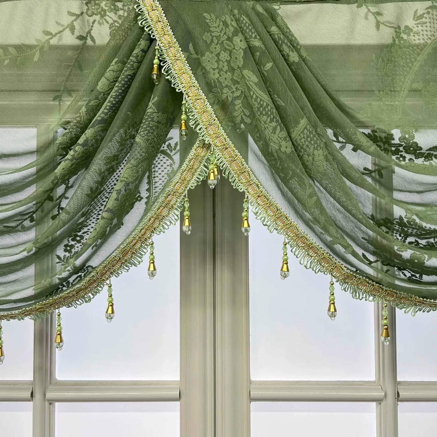 Obbty Green Lace Wavy Short Valance Curtain Festive Party Background Window Decoration Voile Waterfall Scallop Curtain Head