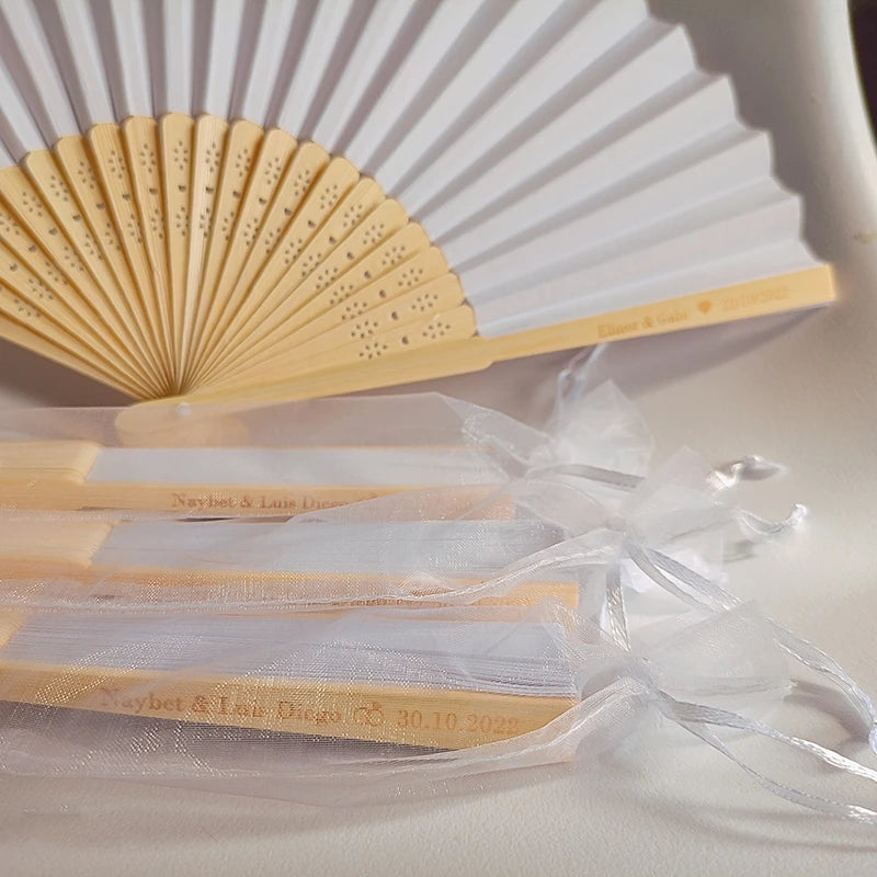 Obbty 40/70pcs Personalized Carved Fans 20pcs White Folding Blank Paper Hand Fans With Gift Bags, Wedding And Abanicos Para Boda