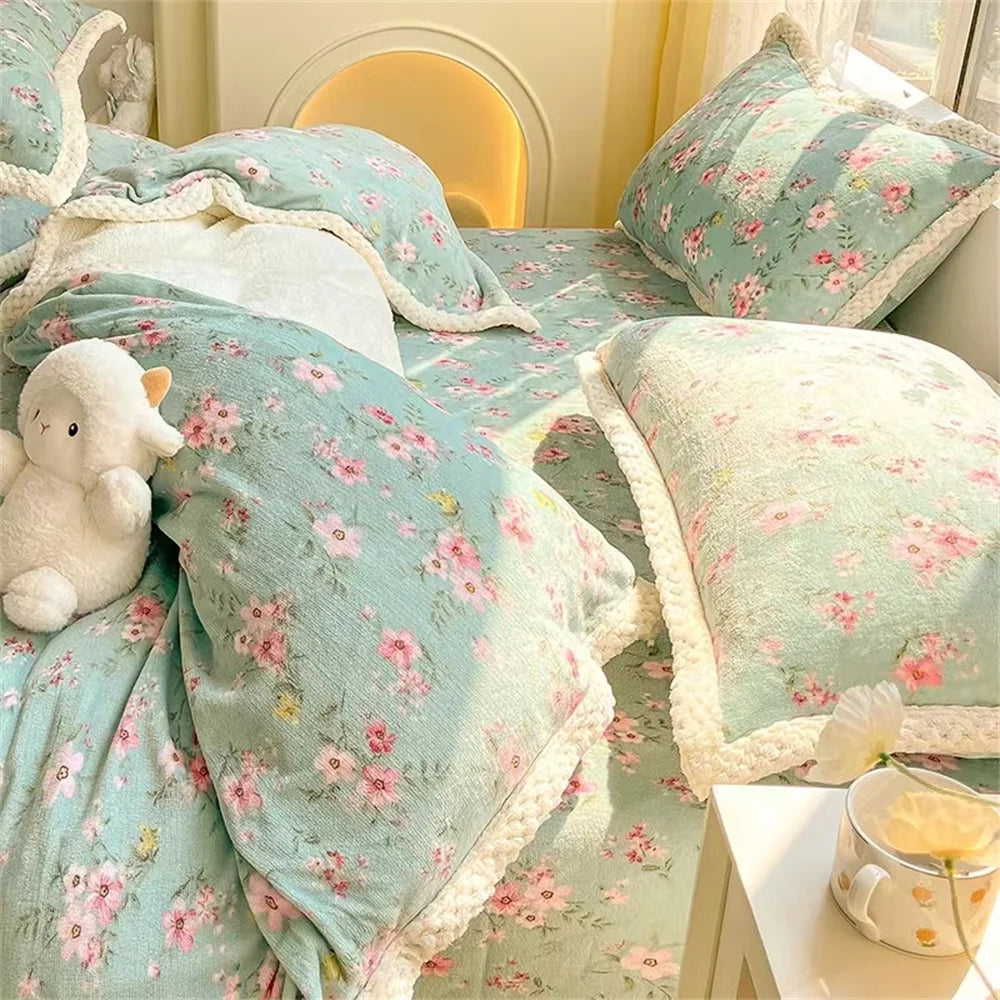 Obbty Bed Sheet Set Quilt Cover Pillowcase Four-piece Bedding Set Home Textiles Floral Print Milk Fleece Hemming Warm Winter