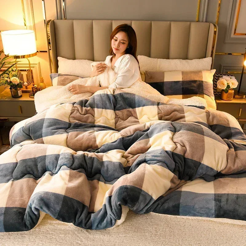 Obbty Plaid Super Thick Warm Blankets for Winter Autumn Milk Fleece Thicken Warmth Sleeping Blanket Soft Fluffy Comforter Quilt Duvet