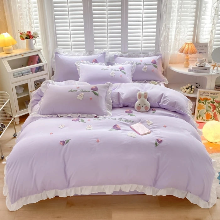 Obbty Floral Cartoon Rabbit Bedding Set Embroidery Duvet Cover Queen Twin Full Size Kawaii Comforter Covers with Pillowcases for Girls