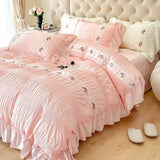 Obbty French Embroidered Lace Bubble Gauze Bedding Set Pink Elegant Princess Style Queen Duvet Cover Set Ruffled Comforter Cover Sets