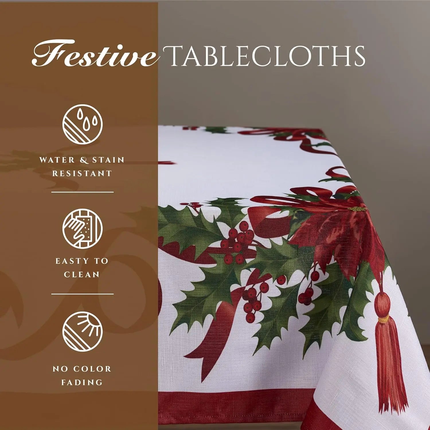 Obbty Christmas Ribbon Tablecloth Merry Xmas Table Cloth Harvest Holiday Fall Wedding Party Table Dinning Tablecover Home Decoration