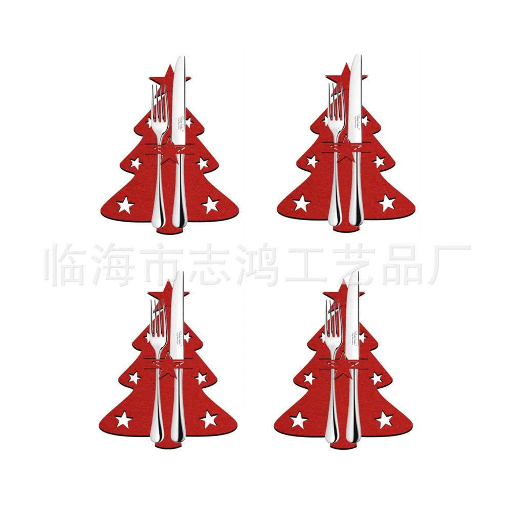 Obbty Christmas Cutlery Holder Knife Fork Spoon Pocket Bag Stars Tree Elk Tableware Cover New Year Xmas Party Dinner Table Decoration