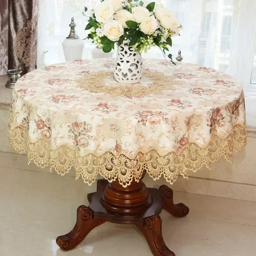 Obbty New Lace Tablecloth Pastoral Round Tablecloth Dining Table Cloths Home Embroidery Table Cover Rose Gold Decoration House Towel