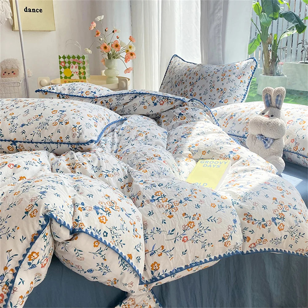 Obbty French Style Flower Bedding Sets Washed Cotton Bed Linens Soft Quilt Cover Sheet Couple Girls Floral Bedspread Home Textiles