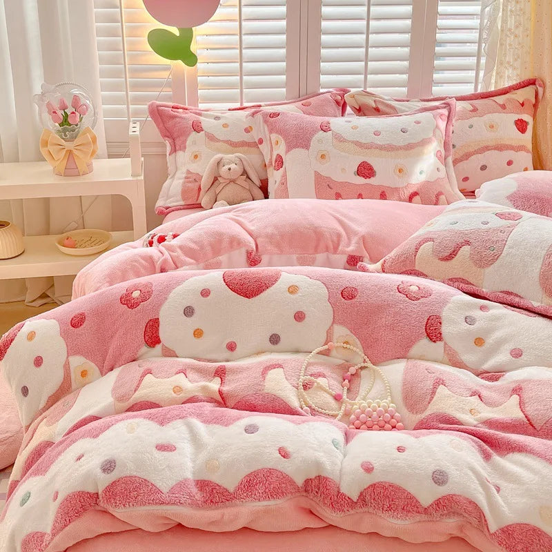 Obbty Winter Thick Warm Plush Comforter Cover Queen Bedding Sets Cartoon Quilt Cover Bed Sheet Pillowcase 4pcs Luxury Bed Linens