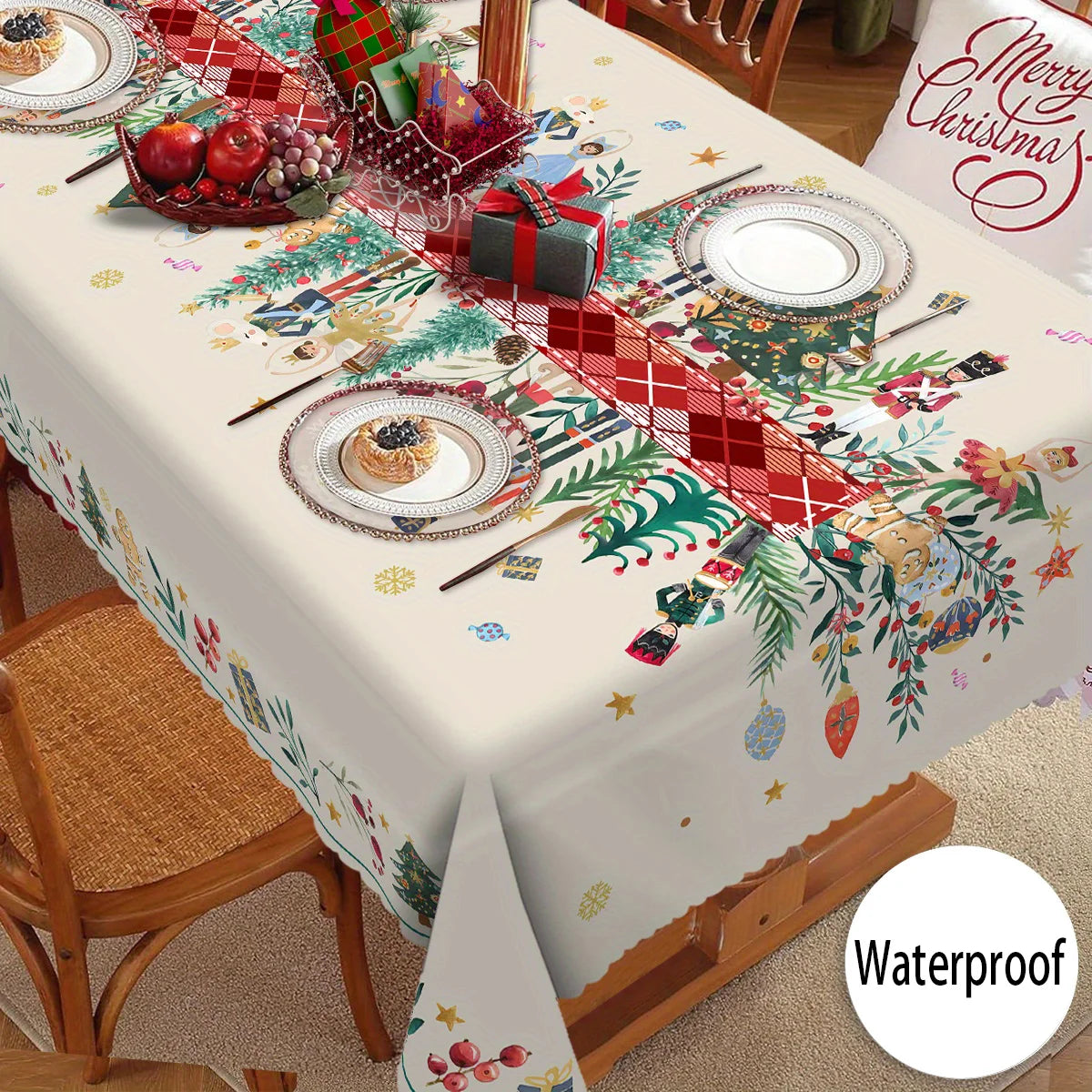 Obbty Christmas Nutcracker Holly Waterproof Tablecloth Holiday Party Decor Reusable Xmas Rectangle Table Cloth Dining Room Table Decor