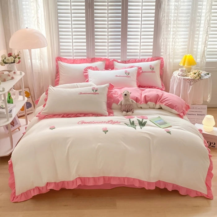 Obbty Floral Cartoon Rabbit Bedding Set Embroidery Duvet Cover Queen Twin Full Size Kawaii Comforter Covers with Pillowcases for Girls