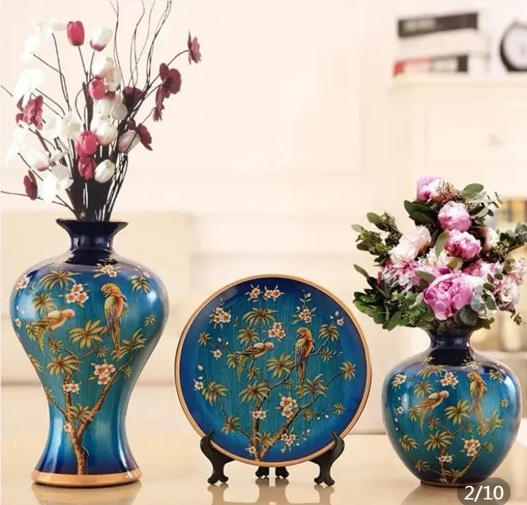 Obbty 3Pcs/Set Ceramic Vase Stereoscopic Dried Flowers Arrangement Wobble Plate Room Entrance Ornaments Wedding Decorations