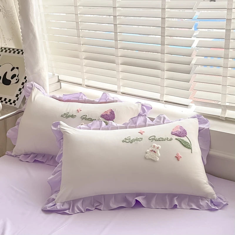 Obbty Floral Cartoon Rabbit Bedding Set Embroidery Duvet Cover Queen Twin Full Size Kawaii Comforter Covers with Pillowcases for Girls