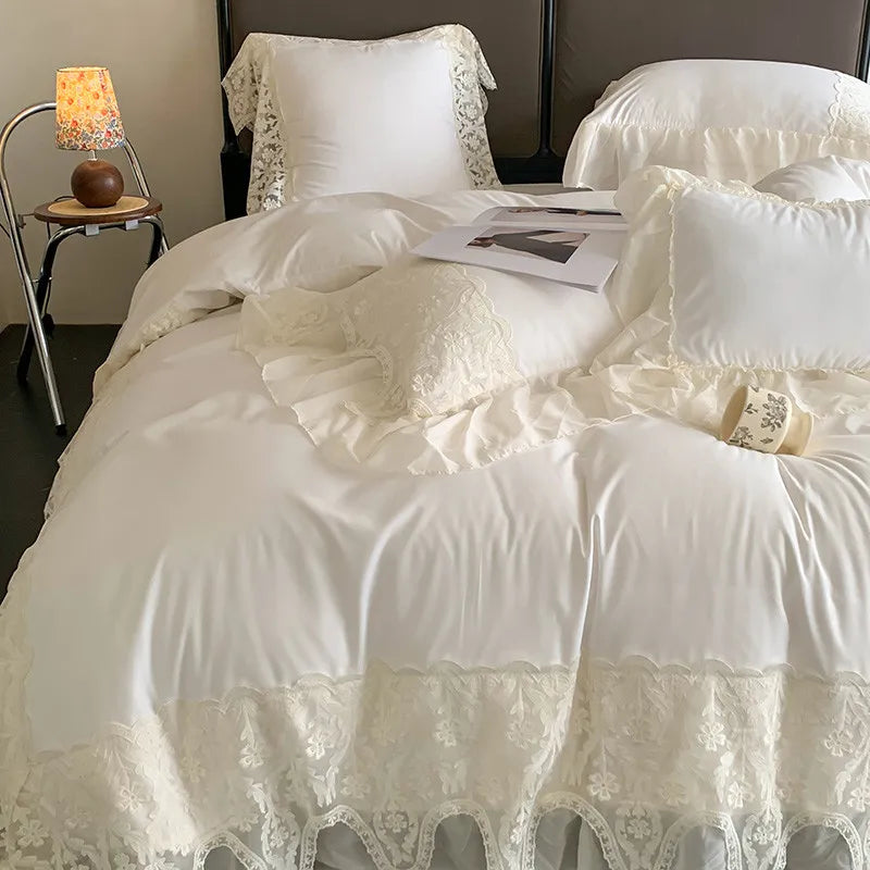 Obbty Ruffle Chiffon Lace Duvet Cover Set  2Pcs Pillowcases Sweet Cute Princess Style Bedding set Ultra Soft and Light Weight