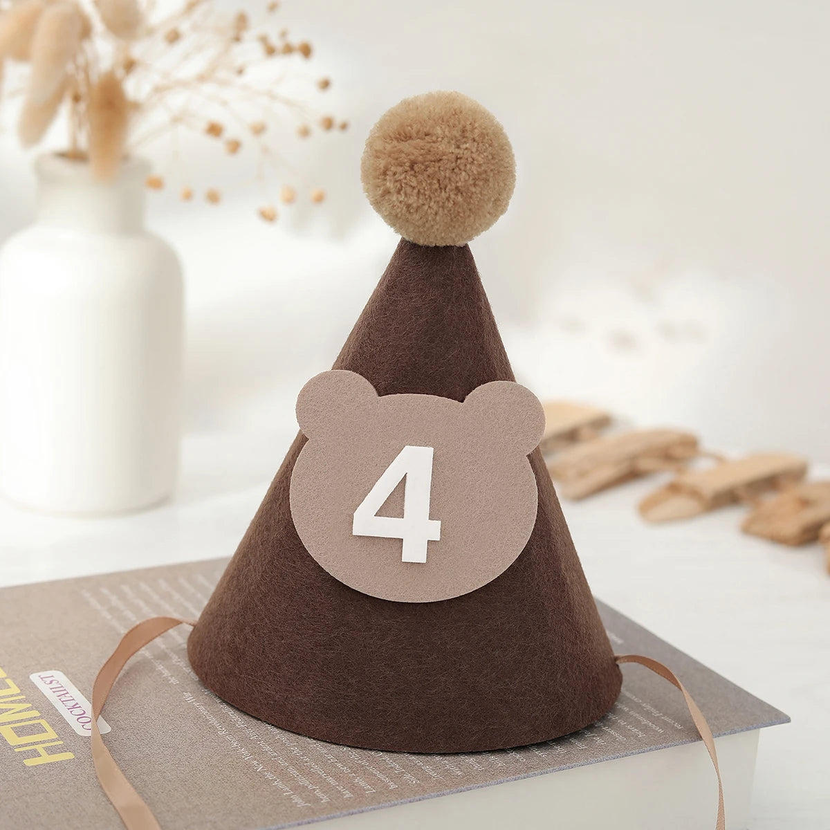 Obbty 1pc Cute Bear Birthday Hat Brown Thick Non-woven Birthday Party Supplies