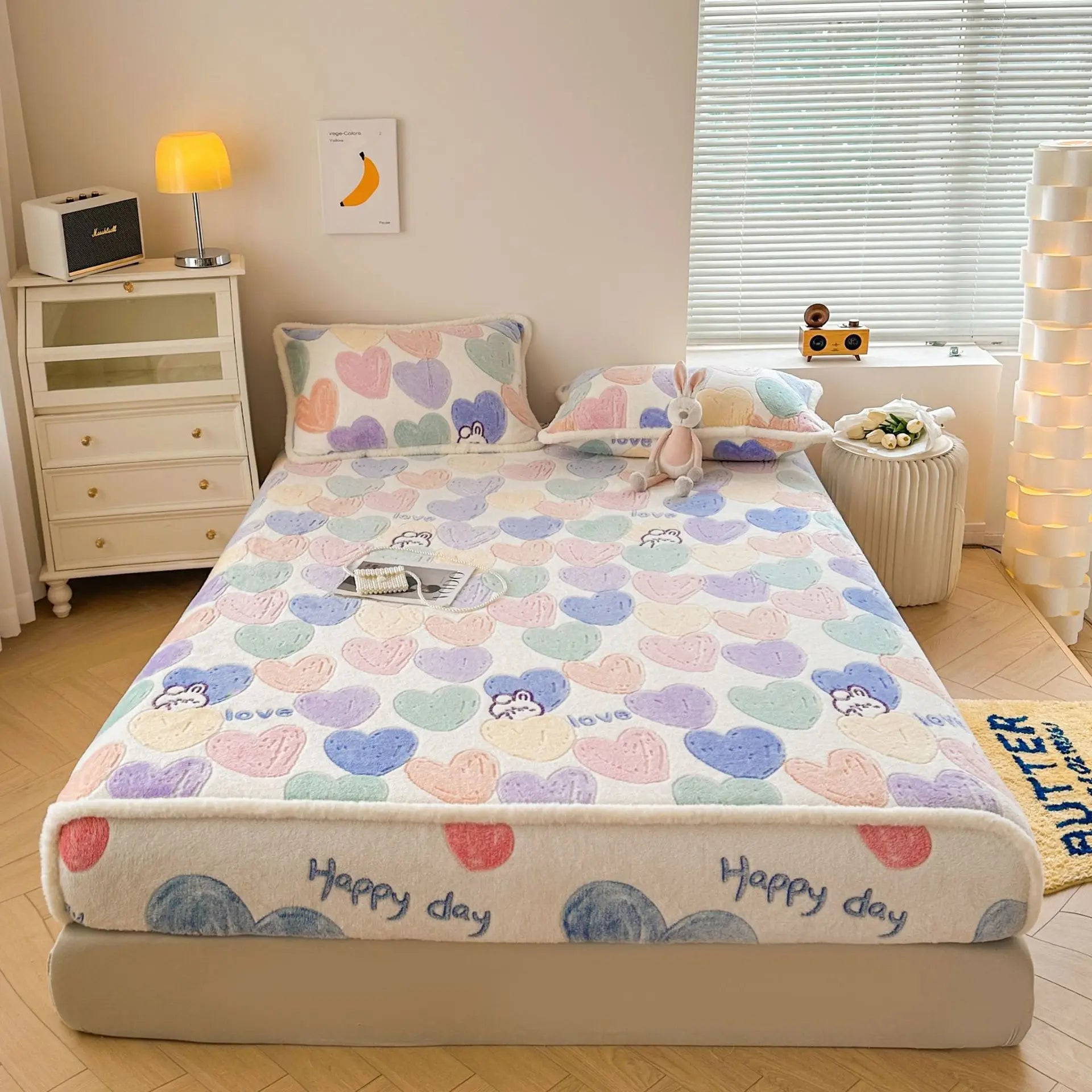 Obbty Winter Thicken Warm Coral Velvet Bed Sheet Sets Cartoon Double Bedspread Non-slip Mattress Cover Fitted Sheet with 2 Pillowcases