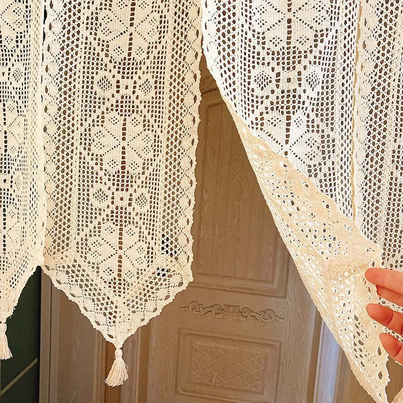 Obbty American Country Crochet Hollow Door Curtains for Kitchen Door Manual Tassel Combined Curtains Family Decorate Partition