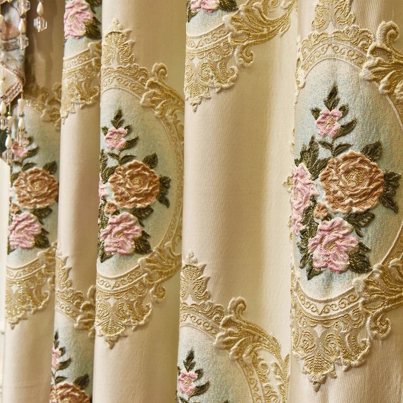 Obbty European Royal Luxury Thickened Beige Full Blackout Bedroom Curtains Pink 3D Jacquard Living Room Study Valance Curtains