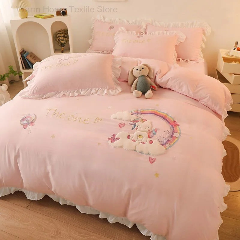 Obbty Pink Cartoon Rainbow Unicorn Bedding Set for Girls, Bed Sheet Lace Quilt Cover, Cotton, Family, Kids Bedroom Linens