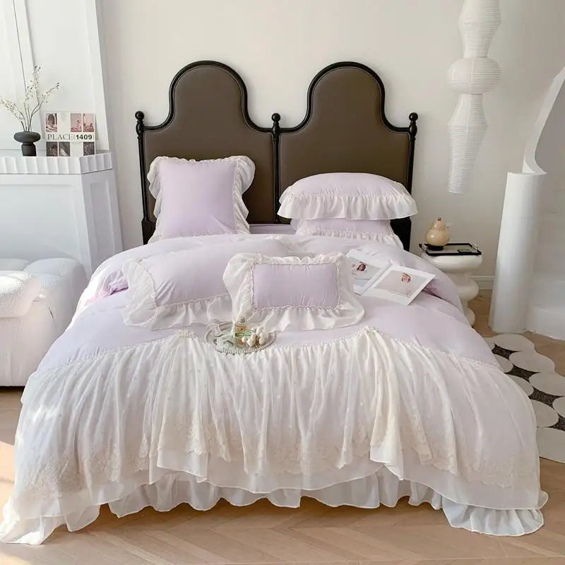 Obbty Wide Chiffon Lace Sweet Princess Style Duvet Cover+2Pillowcases Double Queen Bedding Set 3Pcs Breathable Soft for Girls Bedroom