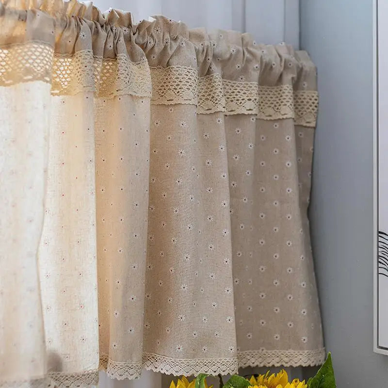 Obbty Korean Daisy Linen Flowers Short Curtains for Kitchen Linen Lace Half Curtain for Roman Window Door