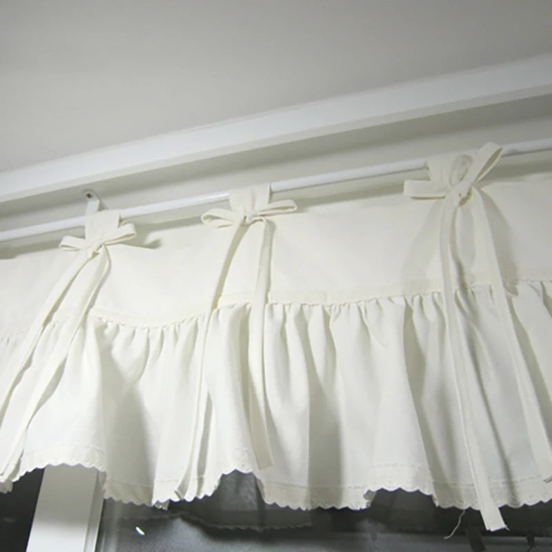 Obbty 120*40 Korean Sweet Pleated Lace Short Curtains for Kitchen Solid Tab Top Half Curtains Bow Tie Window Valance Cotton Curtain