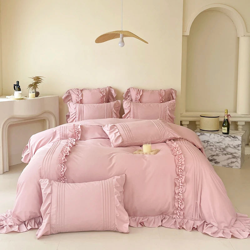 Obbty Korean Princess Style Lace Ruffles Bedding Set Solid Color Duvet Cover Set Flat/Fitted Bed Sheet Pillowcases With Pillowcases