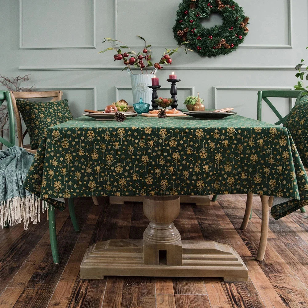 Obbty Linen Cotton Christmas Party Tablecloth, Japanese Green Bronzing Wind Chimes, Rectangle Dinning Table Cover for Home Decoration