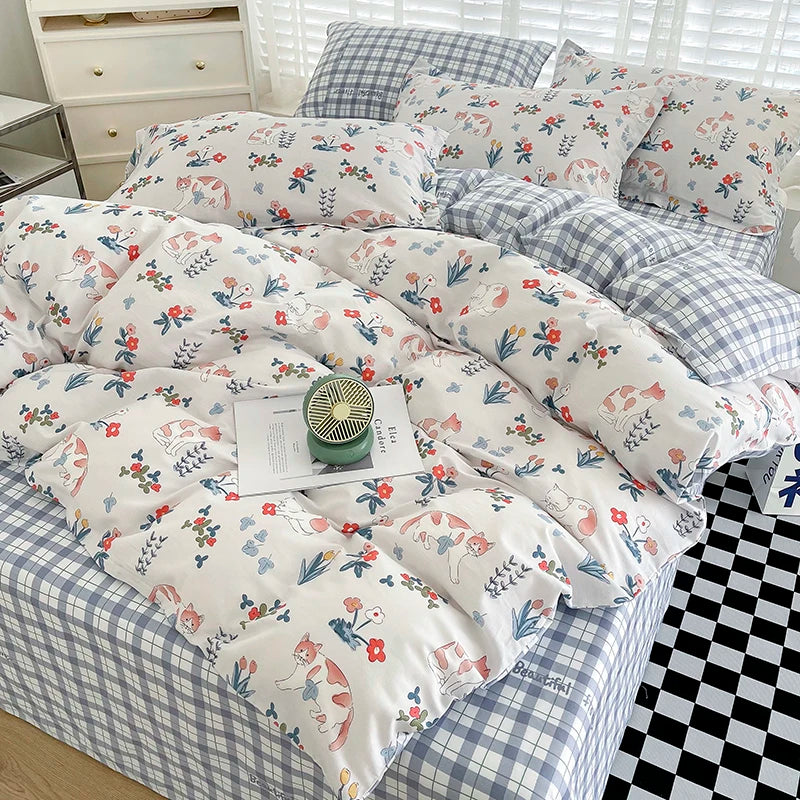 Obbty Cute Cat Duvet Cover Cotton 3 PCS Floral Bedding Sets All Seasons Comforter Covers for Boys Girls Kids Teen Dorm Preppy College