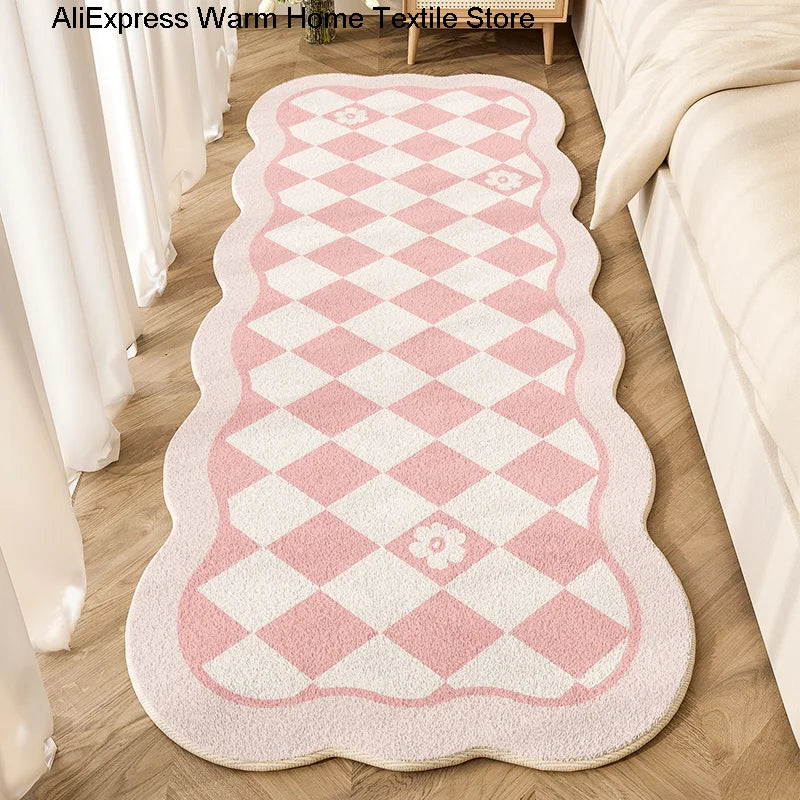 Obbty Pink Lattice Carpet for Bedroom Cute Cartoon Plaid Plush Children Bedside Rug Home Decoration Living Room Floral Fluffy Mat