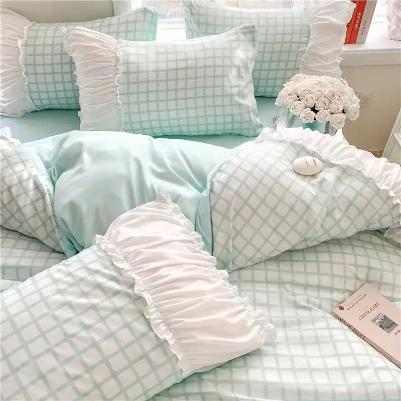 Obbty Ins Princess Style Korean Lace Bed Four-piece Set Bed Skirt Dormitory Bed Sheet Quilt Cover Bedding Set Three-piece