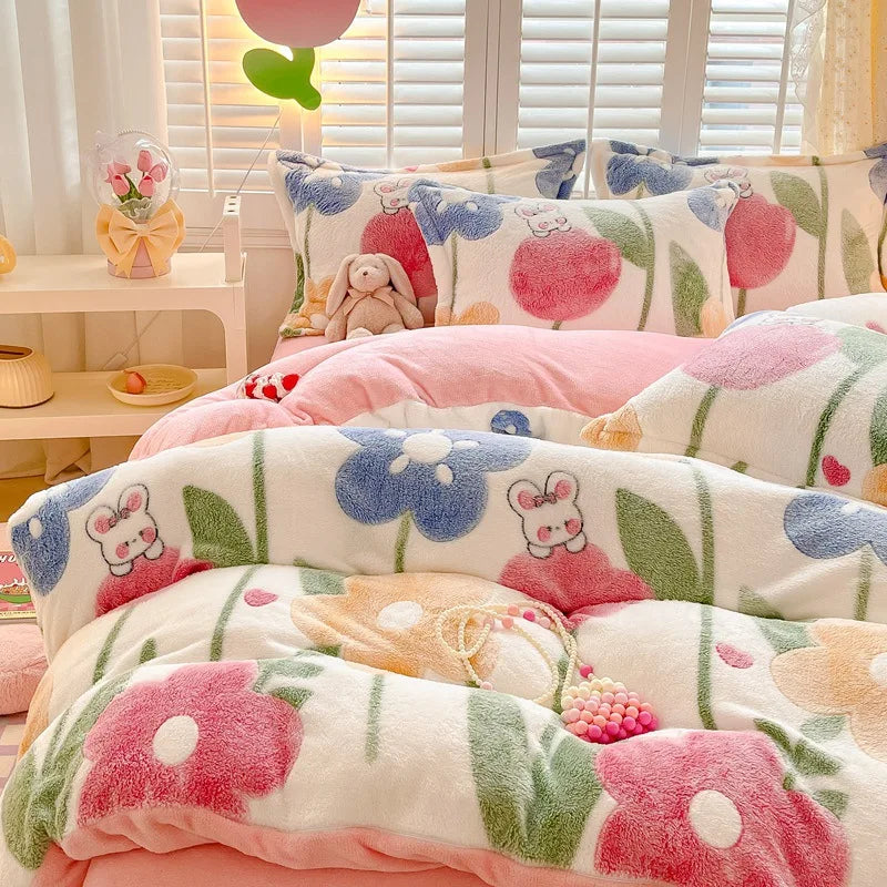 Obbty Winter Thick Warm Plush Comforter Cover Queen Bedding Sets Cartoon Quilt Cover Bed Sheet Pillowcase 4pcs Luxury Bed Linens