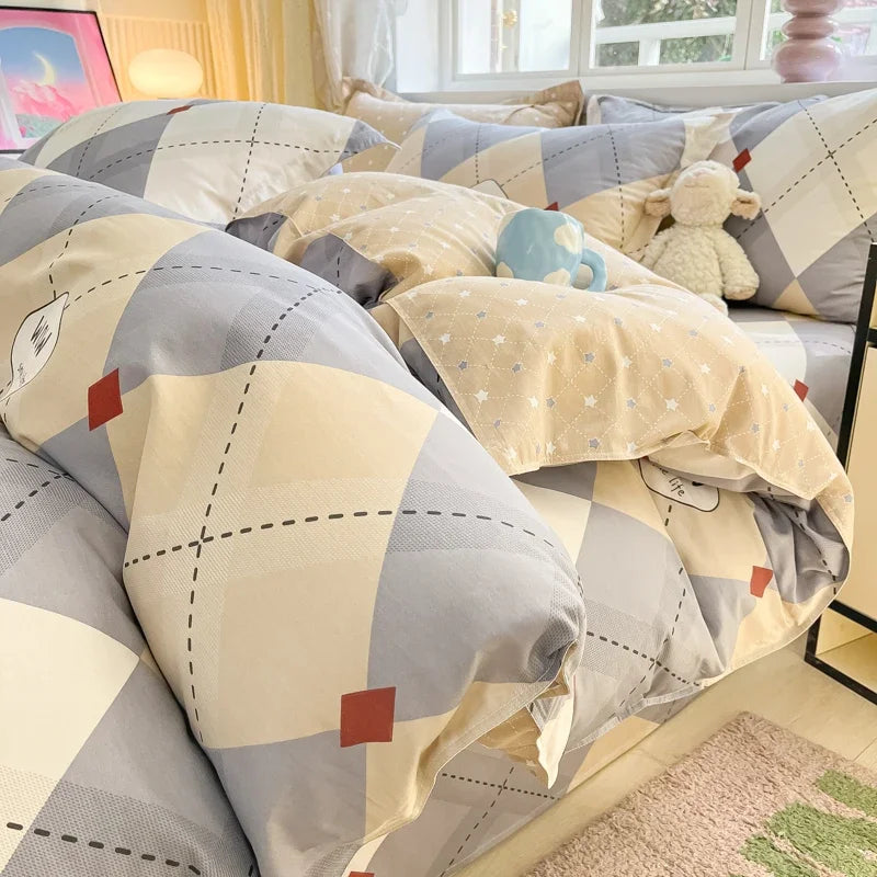 Obbty 3pcs Pure Cotton Gray Geometric Pattern Duvet Cover Soft Simple Line Quilt Cover Letter Printing Bedding Single Queen King Size