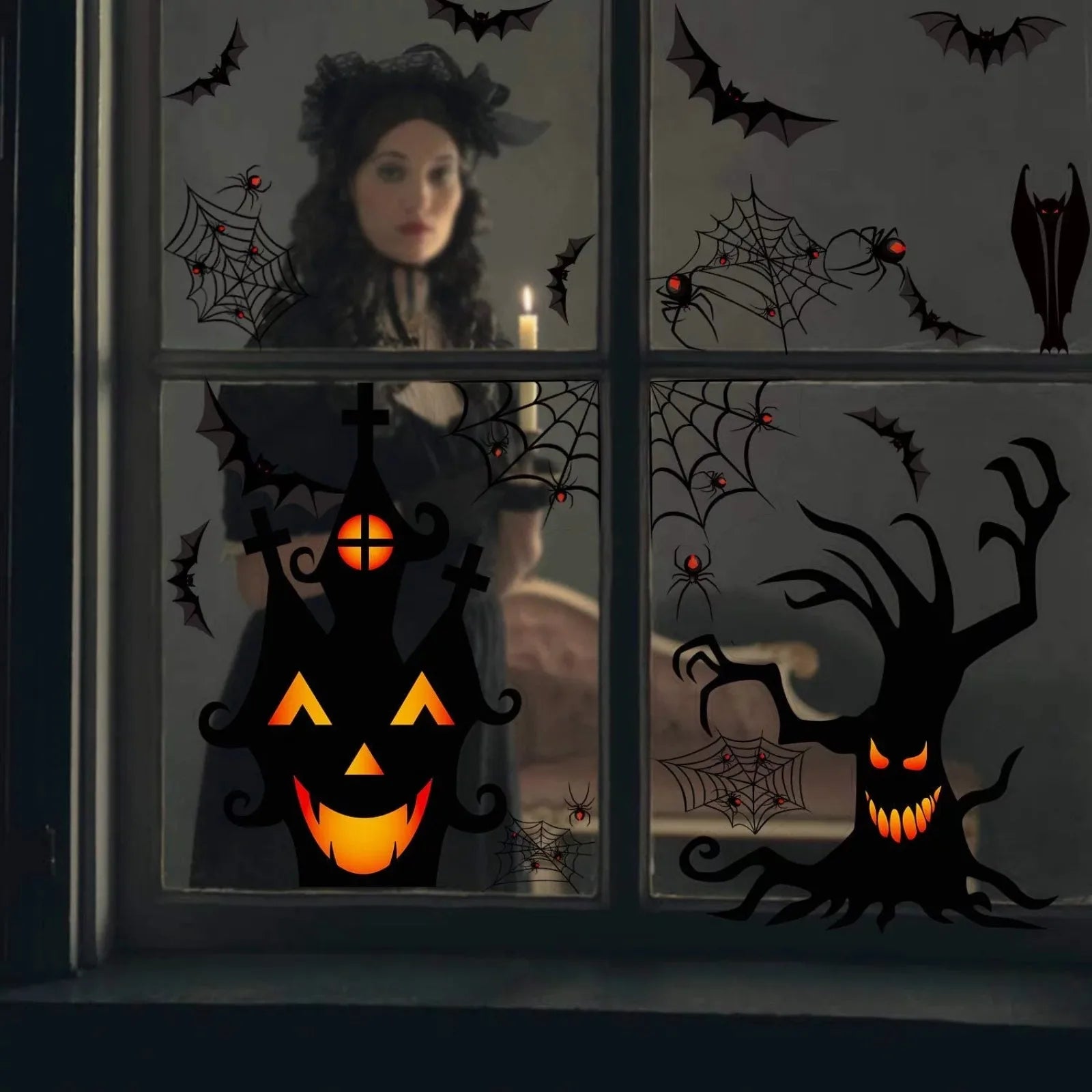 Obbty 1 Set Of 4 Pcs Halloween Stickers Horror Atmosphere Window Glass Decoration Stickers PVC Wall Stickers