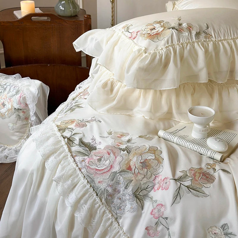 Obbty 1200TC Egyptian Cotton Romantic French Wedding Bedding Set Lace Ruffles Flower Embroidery Duvet Cover Set Bed Sheet Pillowcases